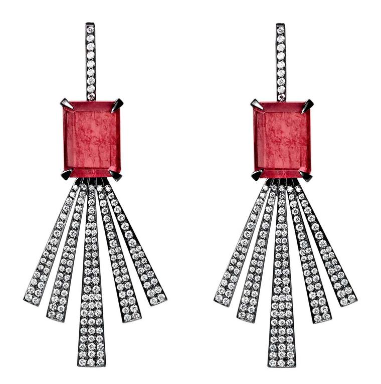 Jack Vartanian earrings from the Ned Desire collection in white gold and black rhodium, set with rhodonite and diamonds.